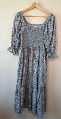 Madewell Lucie Elbow-Sleeve Smocked Midi Dress Sunflower Field Blue Size Medium